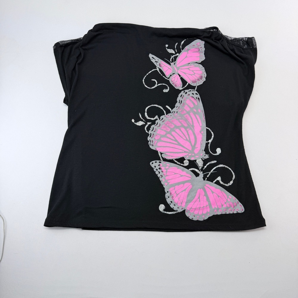 Hybrid Black Pink Glitter Butterfly Lace Back Graphic Top 2X Womens Plus Size 2X